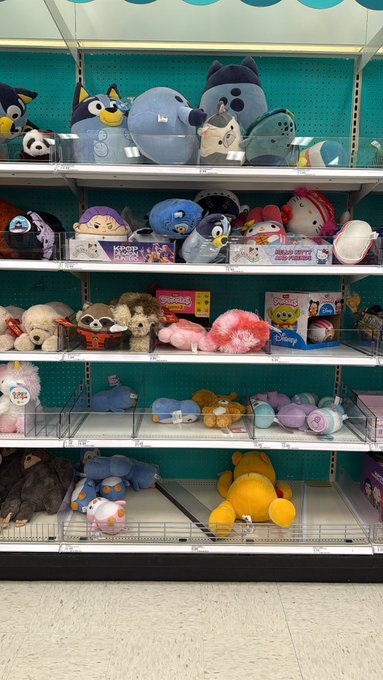 A store display shelf holds various plush toys and character merchandise, including Squishmallows, sloths, a Winnie the Pooh, and a Cookie Monster figure.