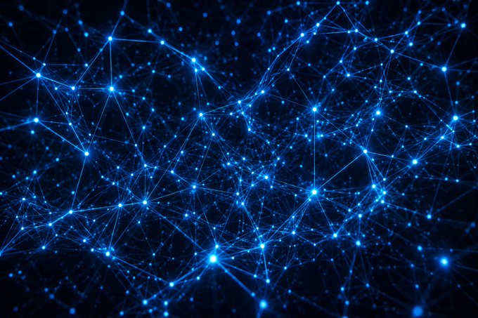 Abstract digital background featuring a network of glowing blue dots connected by thin lines against a dark background, resembling a constellation or neural network.