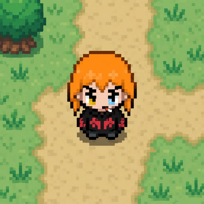 A pixel art RPG-style character sprite showing a person with orange hair, a black face mask, and a black outfit with red trim, standing on a sandy path between patches of green grass with a small bush visible in the upper left corner.