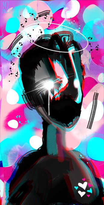 A stylized digital portrait of a figure with dark hair, blue-tinted sunglasses, and a glowing visor against a vibrant pink and cyan background with floating hearts.