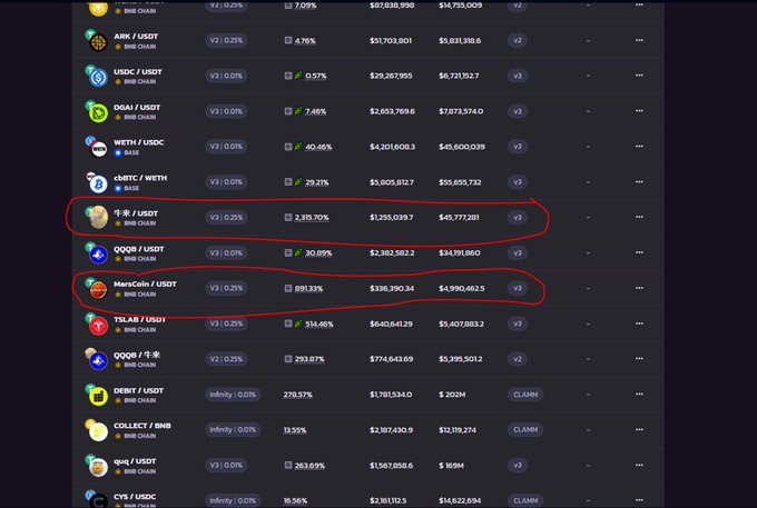 A dark-themed cryptocurrency list showing trading pairs with APY and TVL figures, where '牛奶 / USDT' (Milk/USDT on BNB Chain with 2,315.70% APY and $1.25M TVL) and 'MercCoin / USDT' (on BNB Chain with 891.33% APY and $136.39M TVL) are circled in red.