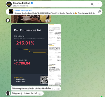 A Telegram post from Binance English showing a PnL Futures summary in Vietnamese, displaying a -215.01% loss (Lỗ lũy kế) and a realized loss of -7,786.84 (PnL lũy kế USDT).