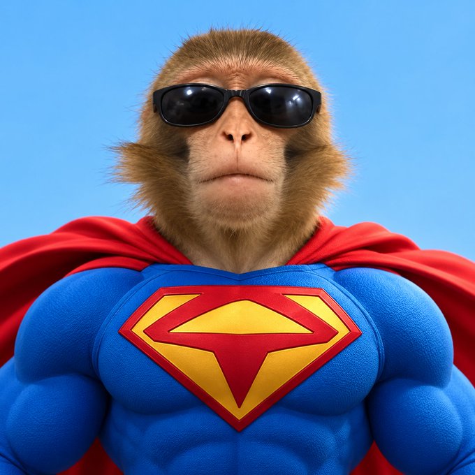A digital illustration of a monkey wearing sunglasses and a Superman-style costume with a red and yellow logo and a flowing red cape.