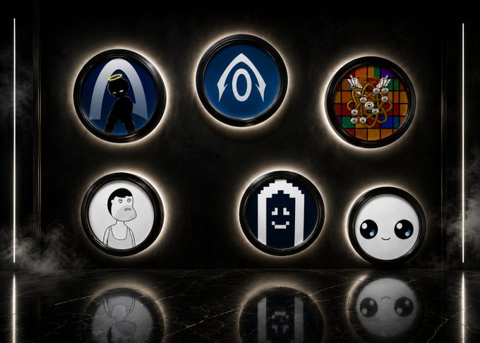 Six circular badges or icons displayed in two rows against a dark background with reflections, featuring various designs including a hooded character, an eye symbol, a colorful pattern, and cartoon faces.