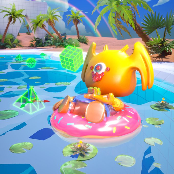 A yellow cartoon character relaxes on a pink donut float in a tropical pool setting with holographic geometric shapes and a rainbow in the background, tying into the playful "Render Pool" theme of the Twitter Space announcement.