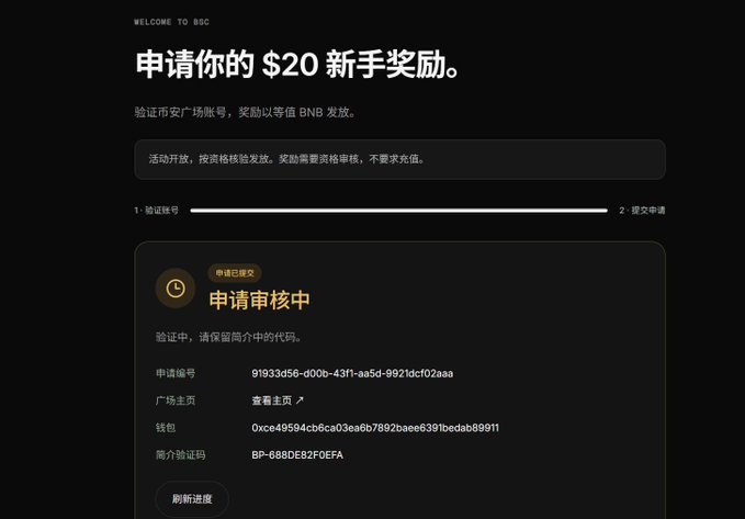 A dark-themed BSC claim page showing "申请你的 $20 新手奖励" (Claim Your $20 Newbie Reward) with a verification status of "申请审核中" (Application Under Review), displaying application ID 91933d56-d00b-43f1-aa5d-9921dcf02aaa and verification code BP-68BDE82F0EFA, illustrating the post's instruction to verify a Binance Square account and submit a wallet address to receive the $20 BNB reward.