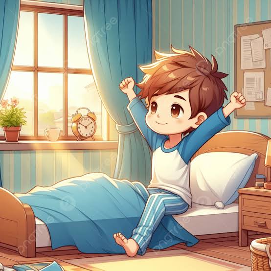 The image features a young boy sitting up in bed with his arms raised, as if he's waking up from sleep. The room has blue walls and a window above the bed, allowing natural light to enter the space. There are also some potted plants placed around the room, adding a touch of greenery to the environment.