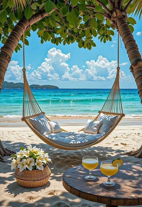 A serene tropical beach scene features a hammock with white cushions strung between two palm trees, accompanied by a basket of white flowers and two glasses of yellow beverages on a wooden table overlooking turquoise ocean waters.
