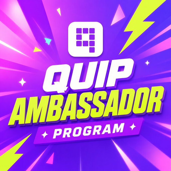A vibrant purple and yellow promotional graphic displays "QUIP AMBASSADOR PROGRAM" with the Quip app icon, accented by lightning bolts and stars, announcing the ambassador initiative mentioned in the post about promoting Quip's Web3 gaming approach.