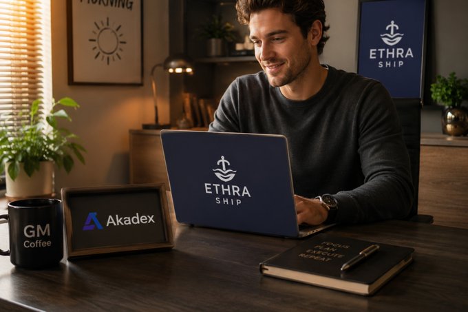 A man sits at a desk working on a laptop branded 'ETHRA SHIP', with an 'Akadex' framed sign, a 'GM Coffee' mug, and a notebook reading 'Focus on the goals Everyday' nearby.