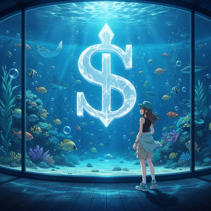 An anime-style illustration shows a young woman in a cap and casual clothing standing before a large aquarium window, gazing at tropical fish and an underwater scene featuring a large, glowing dollar sign symbol.
