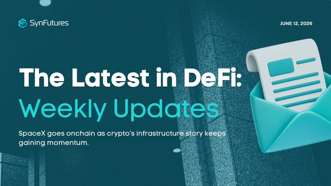 The image features a poster with a blue background, white text, and an envelope with a letter inside. The poster includes information about recent developments in DeFi and cryptocurrency markets, specifically mentioning that SynFutures has listed 50+ tokenized stocks on Base at scale. The poster also highlights the importance of staying informed about these market trends to make informed decisions for trading.