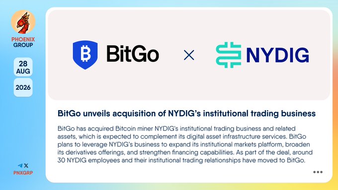 A news graphic from Phoenix Group dated 28 AUG 2026 announcing "BitGo unveils acquisition of NYDIG's institutional trading business," noting BitGo has acquired Bitcoin miner NYDIG's institutional trading arm with about 30 employees moving over.