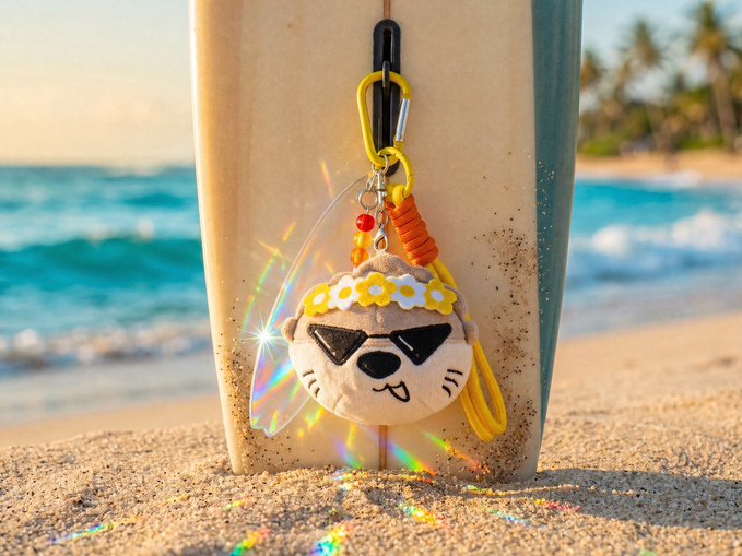 A plush keychain featuring a cartoon animal wearing a flower crown and sunglasses, hanging from a surfboard on a sandy beach with ocean and palm trees in the background.