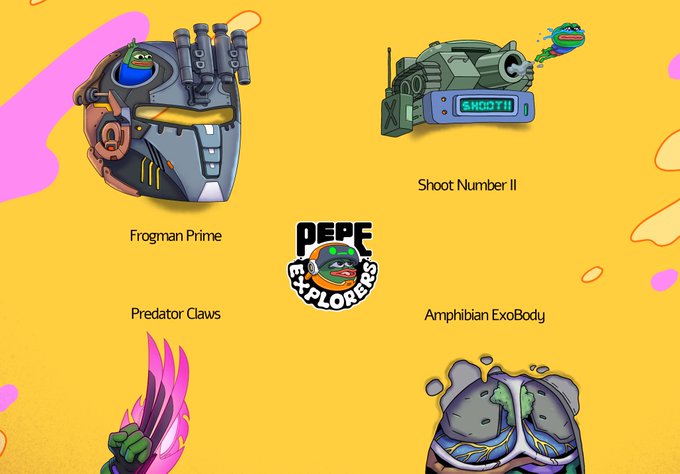 A yellow promotional graphic for "Pepe Explorers" featuring illustrated items labeled "Frogman Prime," "Shoot Number II," "Predator Claws," and "Amphibian ExoBody."