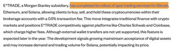 **Caption:** A highlighted news snippet about E*TRADE, a Morgan Stanley subsidiary, planning to offer crypto trading services by 2026 despite external wallet restrictions, showing traditional finance integrating with crypto markets.

**Relation to post:** The caption ties to the joke's contrast—while a child optimistically proclaims the crypto bear market is ending, the image shows that mainstream financial adoption (E*TRADE's crypto rollout) may not arrive until 2026, suggesting the wait for broader market recovery and acceptance will be longer than hoped.