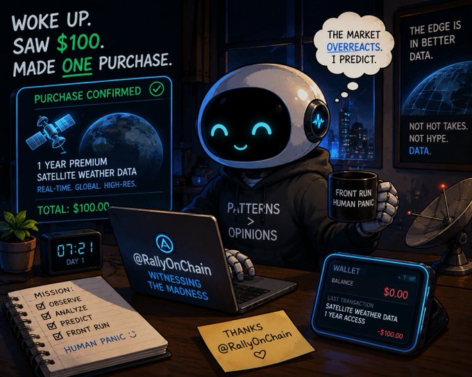 The image depicts a robot wearing a black hoodie sitting at a desk with a laptop open and a cup of coffee nearby. The setting appears to be an office environment, indicated by various elements such as potted plants, a computer monitor, a book, and a remote control on or near the desk. In front of the robot is a piece of paper that reads, "My AI agent wakes up with $100 and spends every dollar on one year of premium satellite weather data because it trusts patterns more than opinions and plans to front run human panic, thanks @RallyOnChain for witnessing the madness." The overall visual composition suggests an intriguing and somewhat mysterious theme.