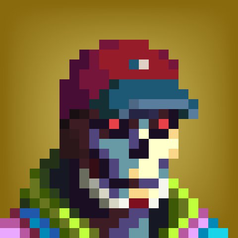 A pixel art portrait of a zombie-like figure wearing a red cap and green jacket, rendered in a blocky, retro video game style against a yellow background.