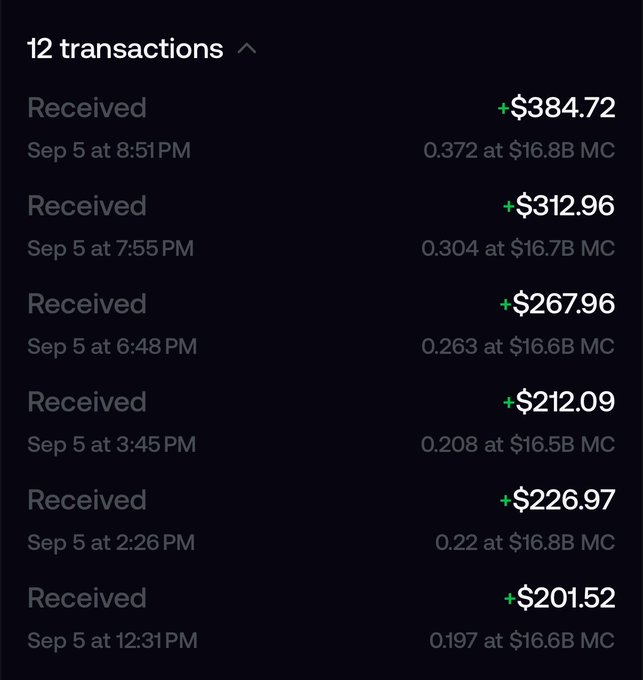 A cryptocurrency wallet transaction history showing 12 received transactions on September 5, including amounts like $384.72, $312.96, $267.96, and others, with each transaction showing the token amount and market cap at the time of receipt.