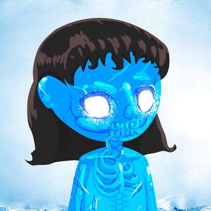 A blue, translucent skeleton-like character with glowing white eyes and dark hair is depicted against a light blue background, fitting the Milady-style NFT art aesthetic referenced in the post about securing whitelist spots for the Hoodcabals project on the Robinhood network.