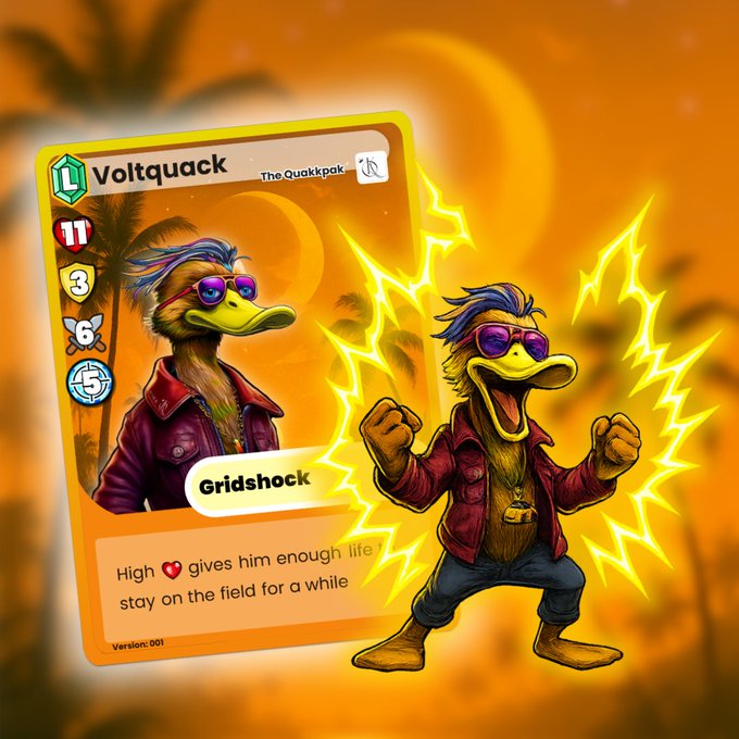A digital trading card titled 'Voltquack - The Quakkpak' featuring an anthropomorphic duck character named 'Gridshock' wearing sunglasses and a red jacket, with stats '11', '3', '6', and '5', and text stating 'High ❤ gives him enough life stay on the field for a while. Version: 001'.