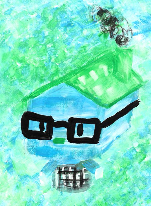 A child's painting on blue and green textured paper depicting a light blue house with a green roof, large black square glasses, and a wide smiling mouth with teeth.