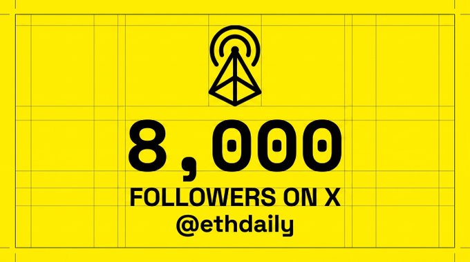 A yellow graphic with a black broadcast tower logo announces "8,000 FOLLOWERS ON X @ethdaily" in bold black text.