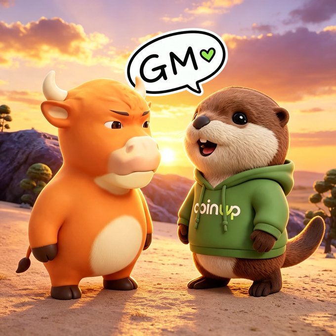 A Pixar-style illustration shows an orange bull and an otter wearing a green hoodie labeled 'coinup' standing in a desert at sunset, with a speech bubble reading 'GM' accompanied by a heart.