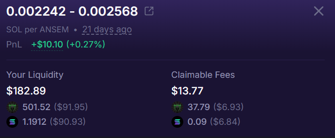 A financial dashboard panel showing a SOL per ANSEM liquidity pool with a PnL of +$10.10 (+0.27%), Your Liquidity of $182.89, and Claimable Fees of $13.77.