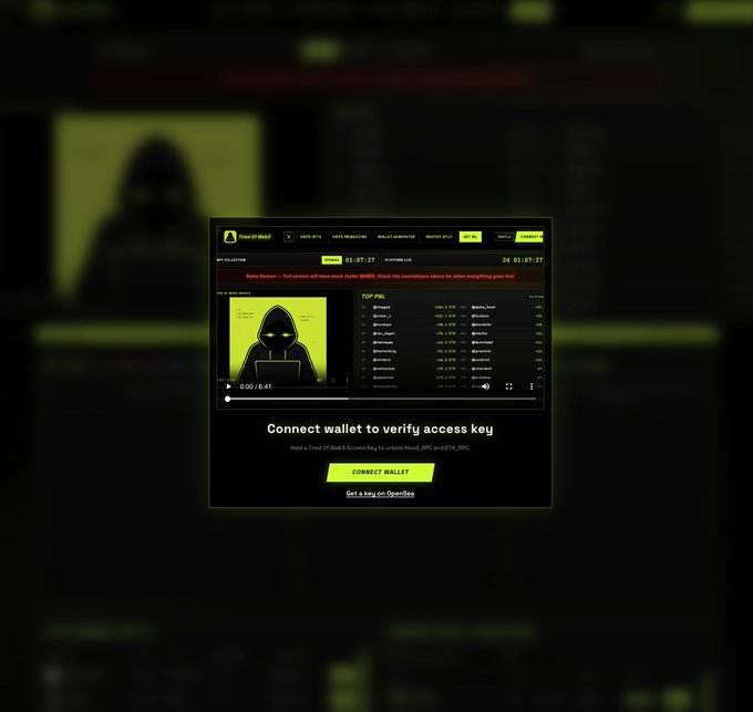 The image shows a "Trade SF Blend" platform interface featuring a hooded figure video player and a "TOP 10" table, with a prompt stating "Connect wallet to verify access key" to unlock future_legend and ETH_WAL tokens. This relates to the post by indicating that the demo version is closed and users now need a connected wallet with an access key to enter the platform, aligning with the upcoming upgrades and tests mentioned.