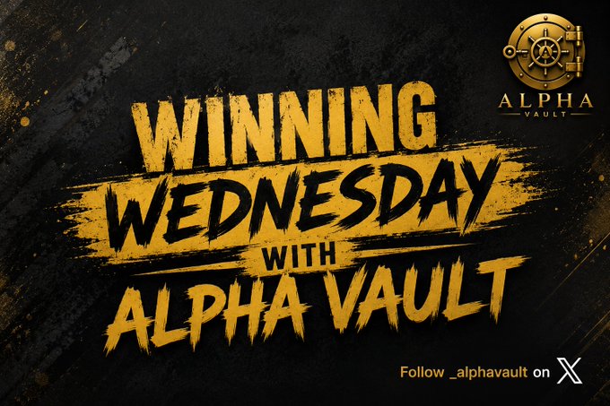 A bold promotional graphic for Alpha Vault features the text "WINNING WEDNESDAY WITH ALPHA VAULT" in gold, brushstroke-style lettering against a dark, textured background, with the brand's vault logo in the top right and a prompt to "Follow _alphavault on X" at the bottom. The image aligns with the post's celebration of community wins, serving as a themed visual to encourage members to share their own achievements and rewards from joining Alpha Vault.