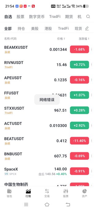 A trading app displays various asset categories (stocks, cryptocurrencies, TradFi, futures) with tickers like BEAMXUSDT, RIVN, APEUSDT, FFUSDT, STX, ACTUSDT, BEATUSDT, BNB, SpaceX, and 中国生物制药 showing real-time prices and percentage changes, alongside a "网络错误" (network error) notification—illustrating how the post argues beginners shouldn't need multiple separate platforms when one app offers this much variety.