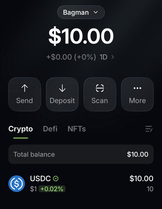 A screenshot of a crypto wallet app showing a balance of '$10.00' for a user named 'Bagman', with options for Send, Deposit, Scan, and More.