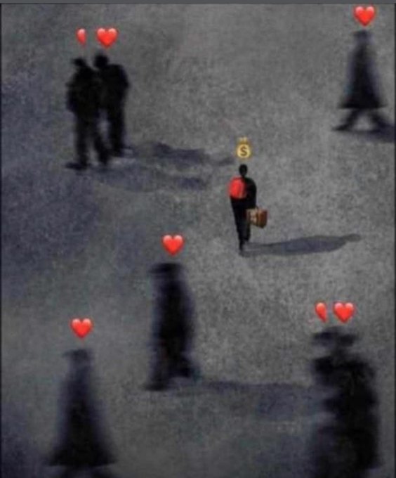 A man in a suit walking alone through a crowd of silhouetted people (all marked with red hearts) while wearing a dollar sign above his head and carrying a briefcase, symbolizing "Lock in" — staying focused on money and goals despite distractions or romantic entanglements around him.