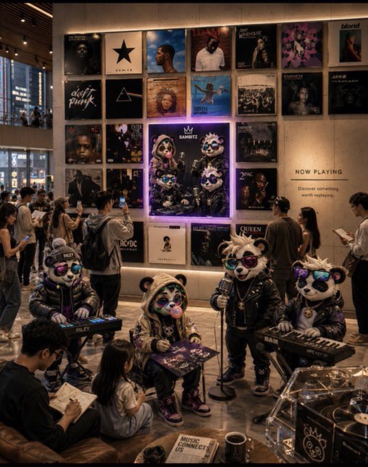 AI-generated scene of anthropomorphic pandas wearing sunglasses and streetwear performing as a band in a music store, surrounded by album posters and onlookers.