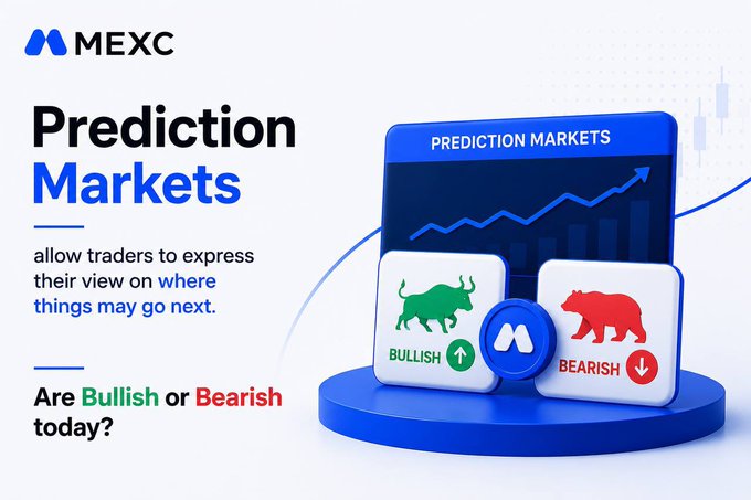 An MEXC promotional graphic for Prediction Markets, featuring a chart with green 'BULLISH' and red 'BEARISH' icons and asking 'Are Bullish or Bearish today?'