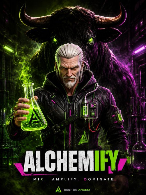 Digital poster for 'ALCHEMIFY' with tagline 'MIX. AMPLIFY. DOMINATE.' and 'BUILT ON ANSEM,' featuring a white-haired man in a leather jacket holding a glowing green flask with a horned beast looming behind him.