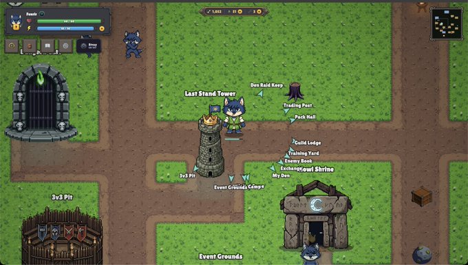 A screenshot from a pixel-art game shows a cat-like character standing near a 'Last Stand Tower' on dirt paths surrounded by grass, with location labels like 'Ozu Bald Keep', 'Trading Post', and 'Event Grounds'.