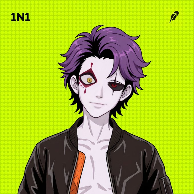 This image features a stylized anime character with purple hair and a unique eye design, against a bright green, dotted background, with "1N1" visible in the upper left corner, referencing the accompanying post.