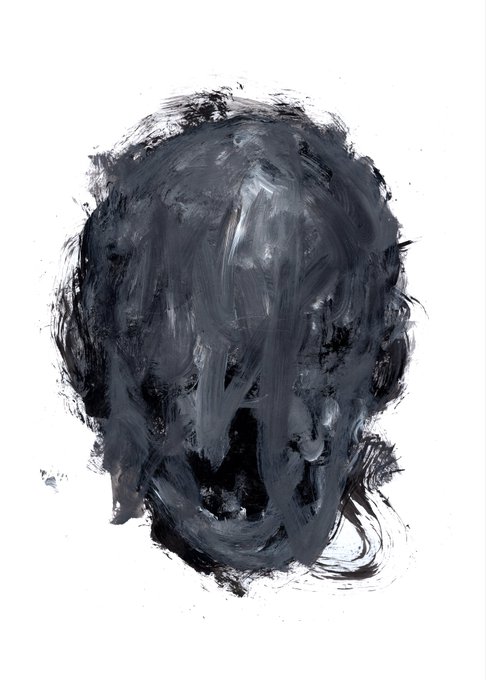 An abstract expressionist painting consisting of black and gray brushstrokes on a white background, forming a vaguely head-like or skull-like smudged shape.