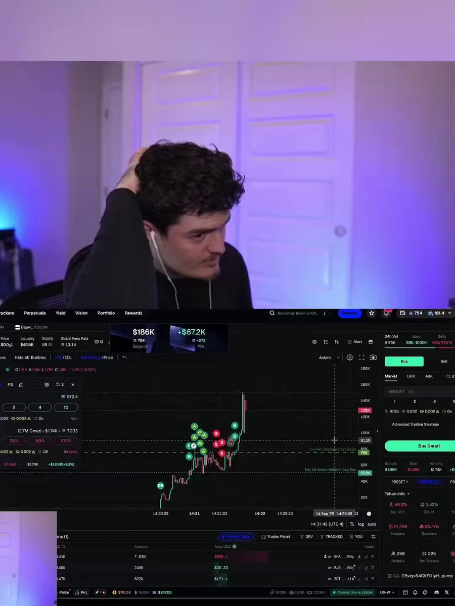 The image features a man with curly hair holding his head up with one hand while wearing headphones that are plugged into a computer screen, possibly displaying some type of stock market data or an item he is working on. Around the image, there's text related to a girl named "PumpFun Girls" changing her OF for pumpfun. The post in focus seems to be about someone losing money after getting "rugged" by this girl streaming and now trying to figure out how to get back into pumpfun to avoid further loss.