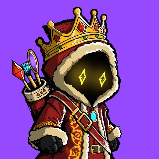A cartoon-style character wearing a red and gold royal robe with a crown, carrying scepter-like items, depicted with a dark hooded face featuring glowing yellow diamond-shaped eyes against a purple background.