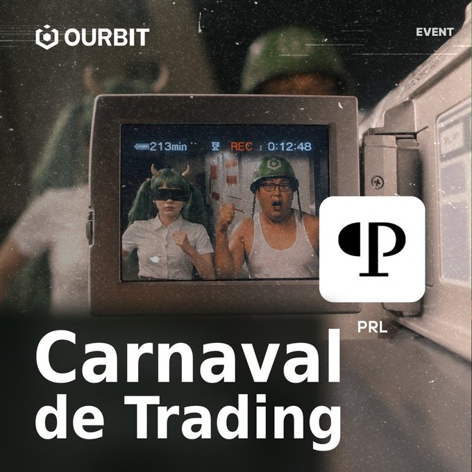 A promotional graphic for 'OURBIT' titled 'Carnaval de Trading', featuring people in costumes on a camcorder screen next to a 'PRL' token logo.