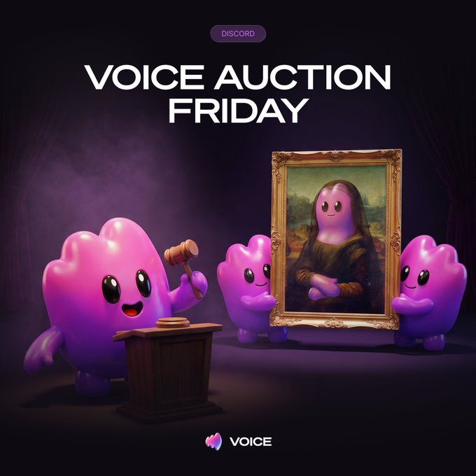 The image is a promotional graphic for "VOICE AUCTION FRIDAY" featuring cute purple mascot characters, including one styled as the Mona Lisa in an ornate frame, with a Discord badge at the top and a "VOICE" logo at the bottom, visually tying to the post about a voice auction where users can bid CLOUT tokens for roles, whitelist spots, and SOL prizes.