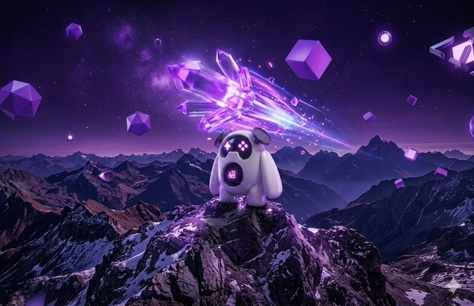 The image features a white robot standing atop a mountain peak surrounded by purple crystals. The robot appears to be facing towards the right side of the image. In the background, there are mountains with snow-covered peaks that add to the overall atmosphere of the scene. The caption above the image reads "Focus on what is in the image and how it relates to the post."