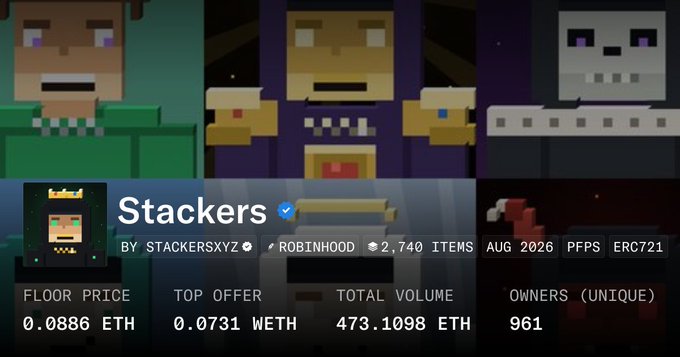 OpenSea listing page for an NFT collection called 'Stackers' by 'STACKERSXYZ', showing pixel-art blocky characters and stats like 'FLOOR PRICE 0.0886 ETH' and 'TOTAL VOLUME 473.1098 ETH'.