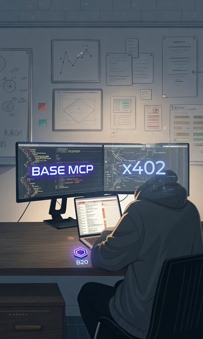 A hooded developer works at a multi-monitor setup displaying "BASE MCP" and "X402" alongside code, while a laptop shows "B20"—evoking the focused, late-night engineering work behind rebuilding and optimizing the Base MCP stack with automated fallback loops following the mainnet sequencer recovery.