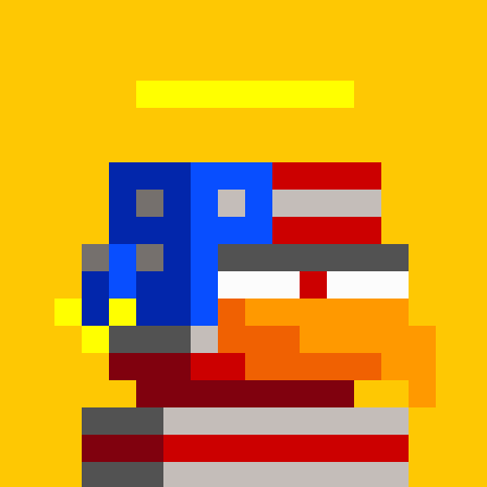 A pixel art illustration of a Minion-like character wearing a red, white, and blue American flag-themed outfit with a halo above its head, set against a yellow background.