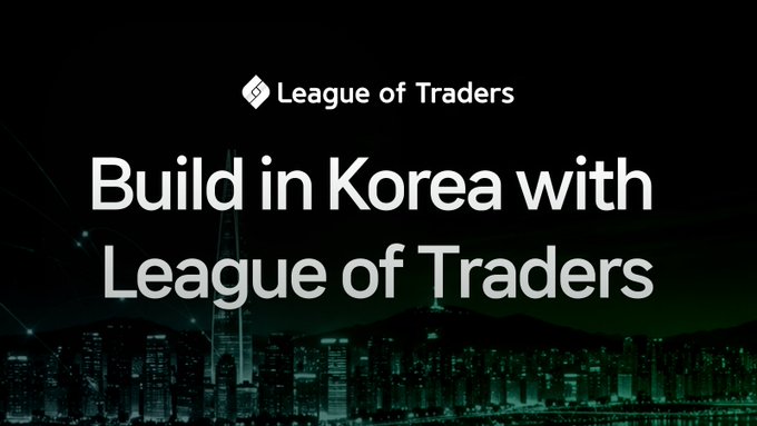 A dark, green-tinted nighttime cityscape (likely Seoul) serves as the backdrop for the "League of Traders" logo and the bold headline "Build in Korea with League of Traders," visually reinforcing the post's focus on the platform's strong growth and presence in South Korea ahead of Korea Blockchain Week.