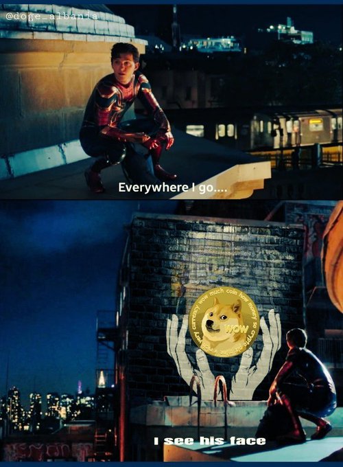 Two cinematic shots featuring Spider-Man crouching on a rooftop at night with the subtitles 'Everywhere I go....' and 'I see his face', with a Dogecoin mural replaced by the Doge dog in the second image.
